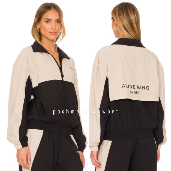 Anine Bing Jackets & Blazers - ANINE BING SPORT 🏸 Emerson Zip Up Windbreaker Jacket Black Beige Tan XXS XS